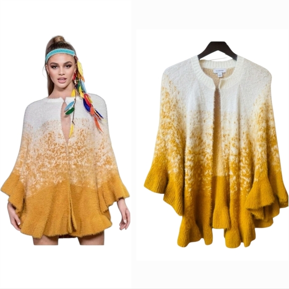 Anthropologie Calligraphie Ruffle Shawl Cardigan Bohemian Poncho Cape Ombre 1X - Picture 2 of 15